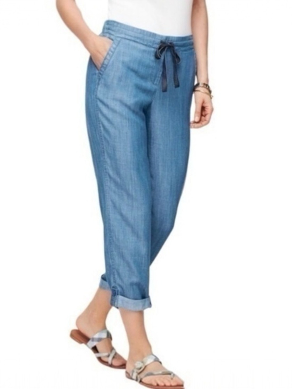 Talbots Summer Twill Slim Leg Light Blue Coastal Grandma Crop BOHO Pants Size 6
